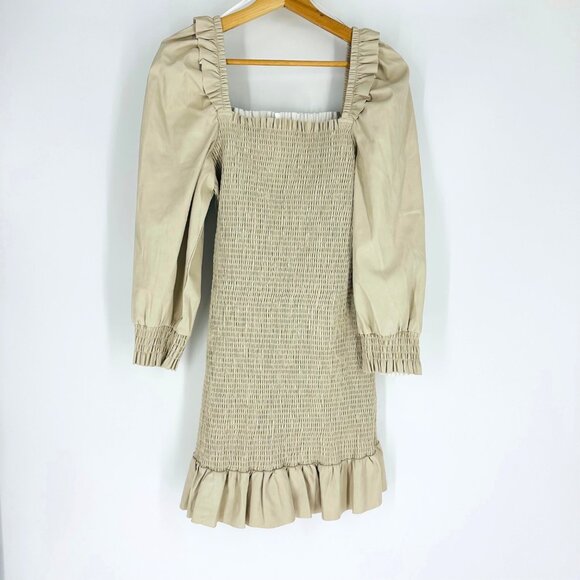 7 For All Mankind Womens Beige Smocked Square Neck Balloon Sleeve Mini Dress L - Picture 4 of 12